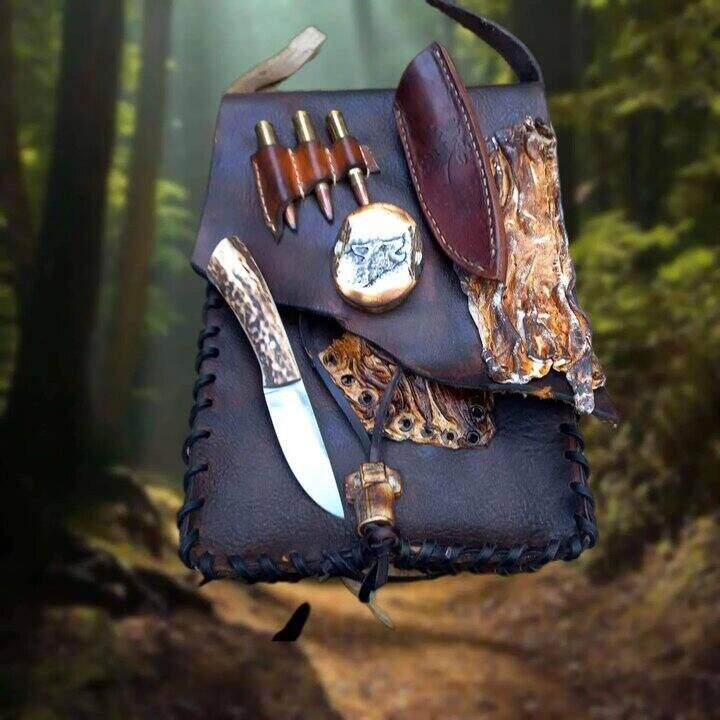 Ukrašena kožna torba i nož sa futrolom